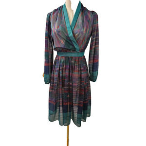 Vintage Mavinette Women’s 70s Teal Belted Fit N Flare Sheer Dress Sz 4 Small